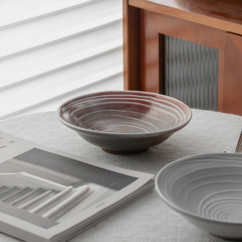 Handmade Spiral Stoneware Bowl 7.8" | Japanese Retro Ramen Soup Salad Bowl | White & Underglaze Red