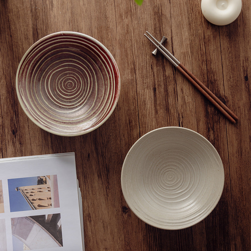 Handmade Spiral Stoneware Bowl 7.8" | Japanese Retro Ramen Soup Salad Bowl | White & Underglaze Red