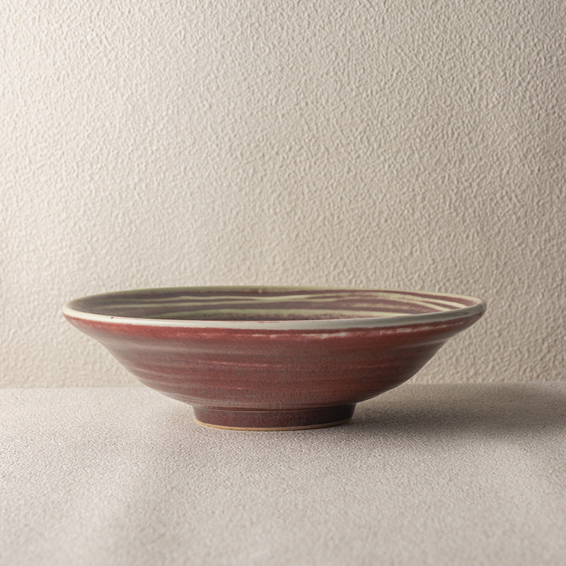 Handmade Spiral Stoneware Bowl 7.8" | Japanese Retro Ramen Soup Salad Bowl | White & Underglaze Red