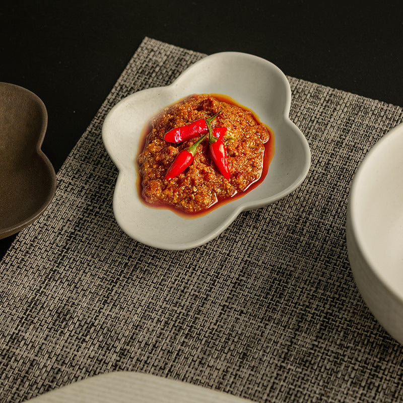 Handmade Stoneware Ruyi Clover Dipping Dish | Japanese Retro Sauce & Seasoning Plate