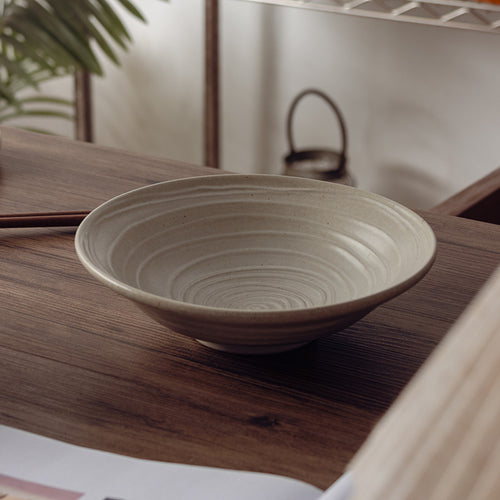 Handmade Spiral Stoneware Bowl 7.8" | Japanese Retro Ramen Soup Salad Bowl | White & Underglaze Red